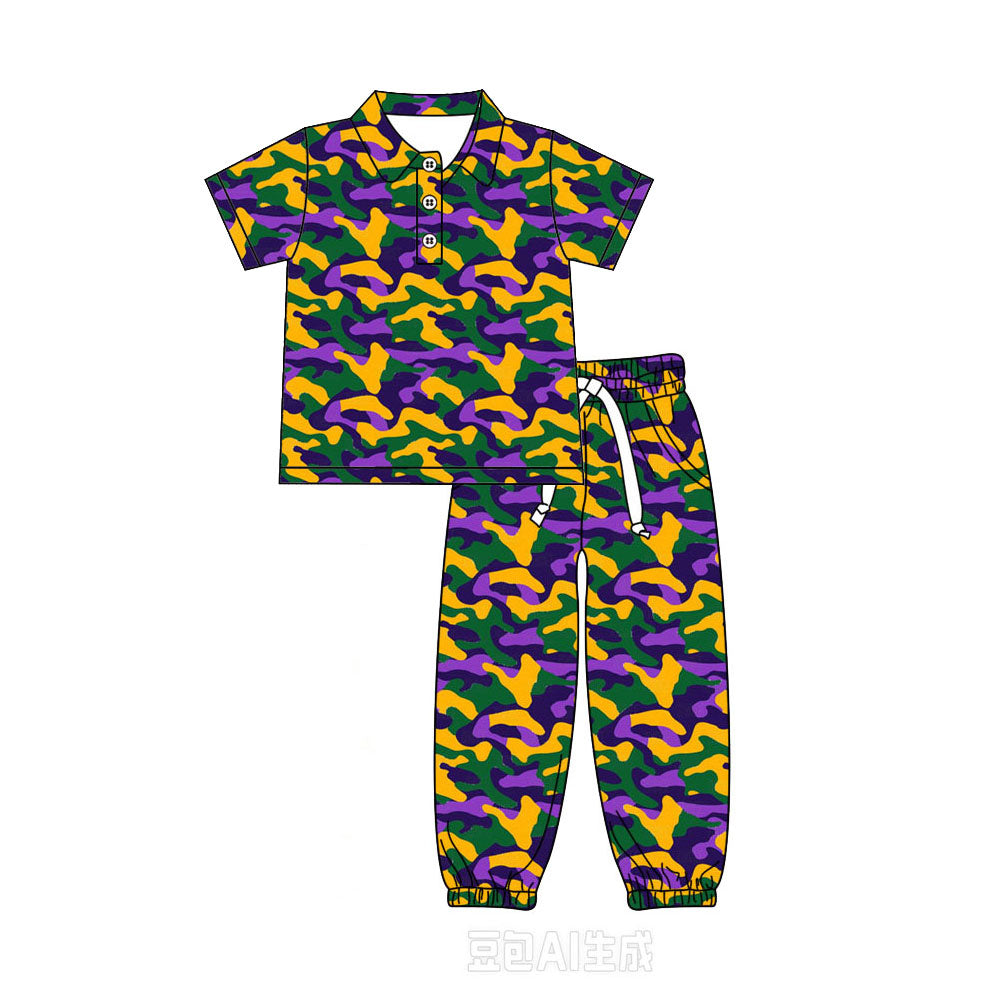 Pre-order(moq5)  Boys’ Fall Purple Camouflage Polo Shirt & Camo Jogger Pants Set, Short-Sleeve Collared Top with Elastic Drawstring Waist