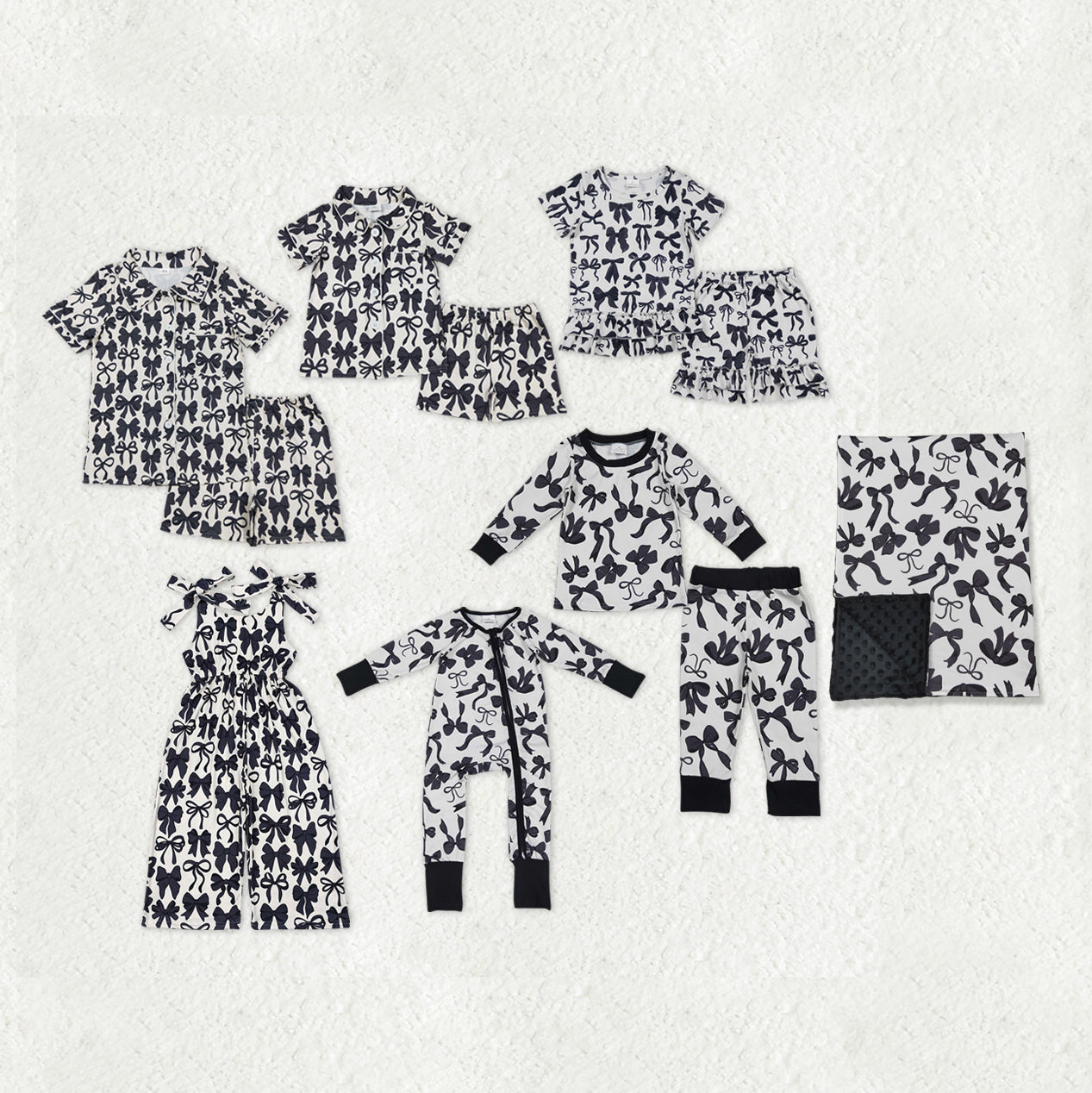 Sibling Mama and Me Black Bows Button Shirts Pajamas Sets Zipper Rompers Jumpsuits