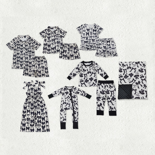 Sibling Mama and Me Black Bows Button Shirts Pajamas Sets Zipper Rompers Jumpsuits