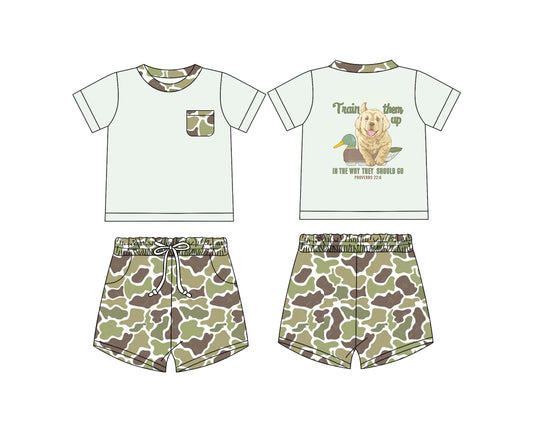 Preorder (moq 5)Baby Boys Duck Dog Top Green Camo Shorts Clothes Sets