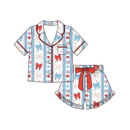 Preorder (moq 5)Baby Girls Red Blue Flag Bows Stripe Button Pocket Top Ruffle Shorts 4th of July Pajamas Set