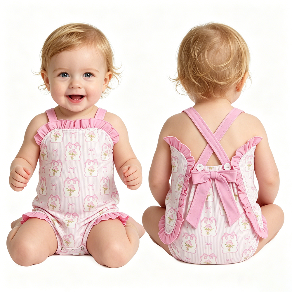 Baby Girls Pink Strap Flowers Back Bows Ruffle Rompers Preorder
