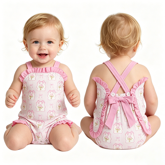 Baby Girls Pink Strap Flowers Back Bows Ruffle Rompers Preorder