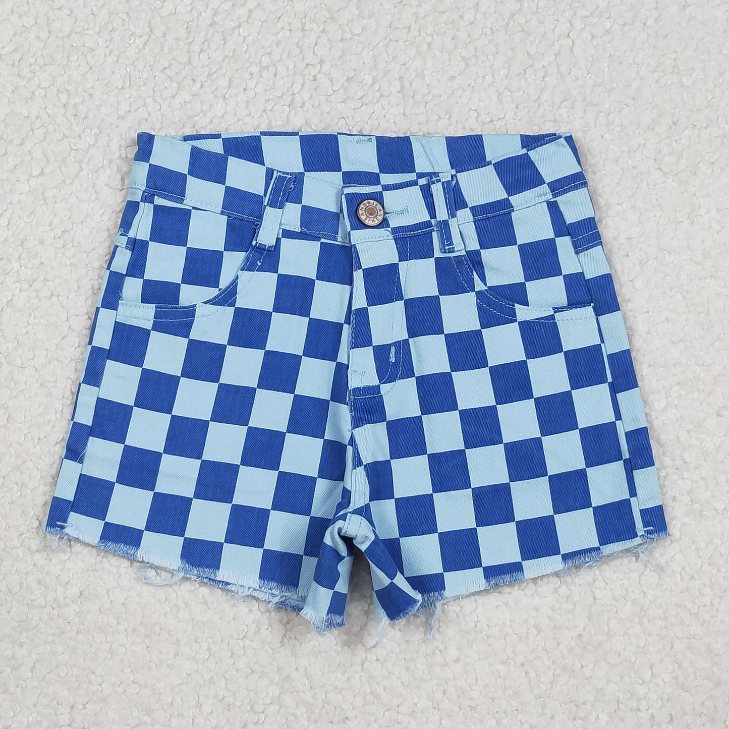 Baby Girls Blue Checked Pockets Denim Shorts Bottom