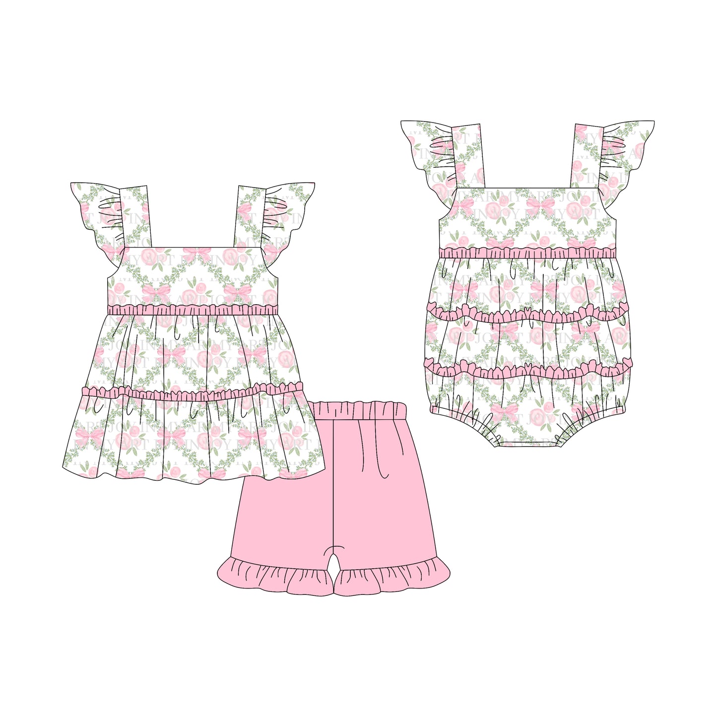 Preorder moq 5 Custom Baby Girls Flutter Sleeves Pink Bows Flowers Tunic Ruffle Short Set Rompers