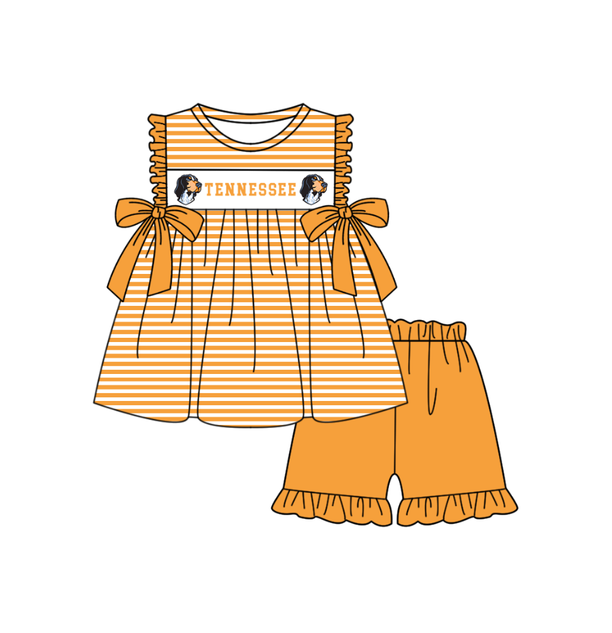 Preorder (moq 5)Baby Girls Sleeveless Tennessee Stripe Tunic Ruffle Short Team Clothes Sets