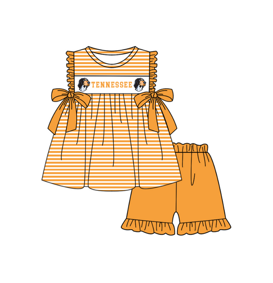 Preorder (moq 5)Baby Girls Sleeveless Tennessee Stripe Tunic Ruffle Short Team Clothes Sets