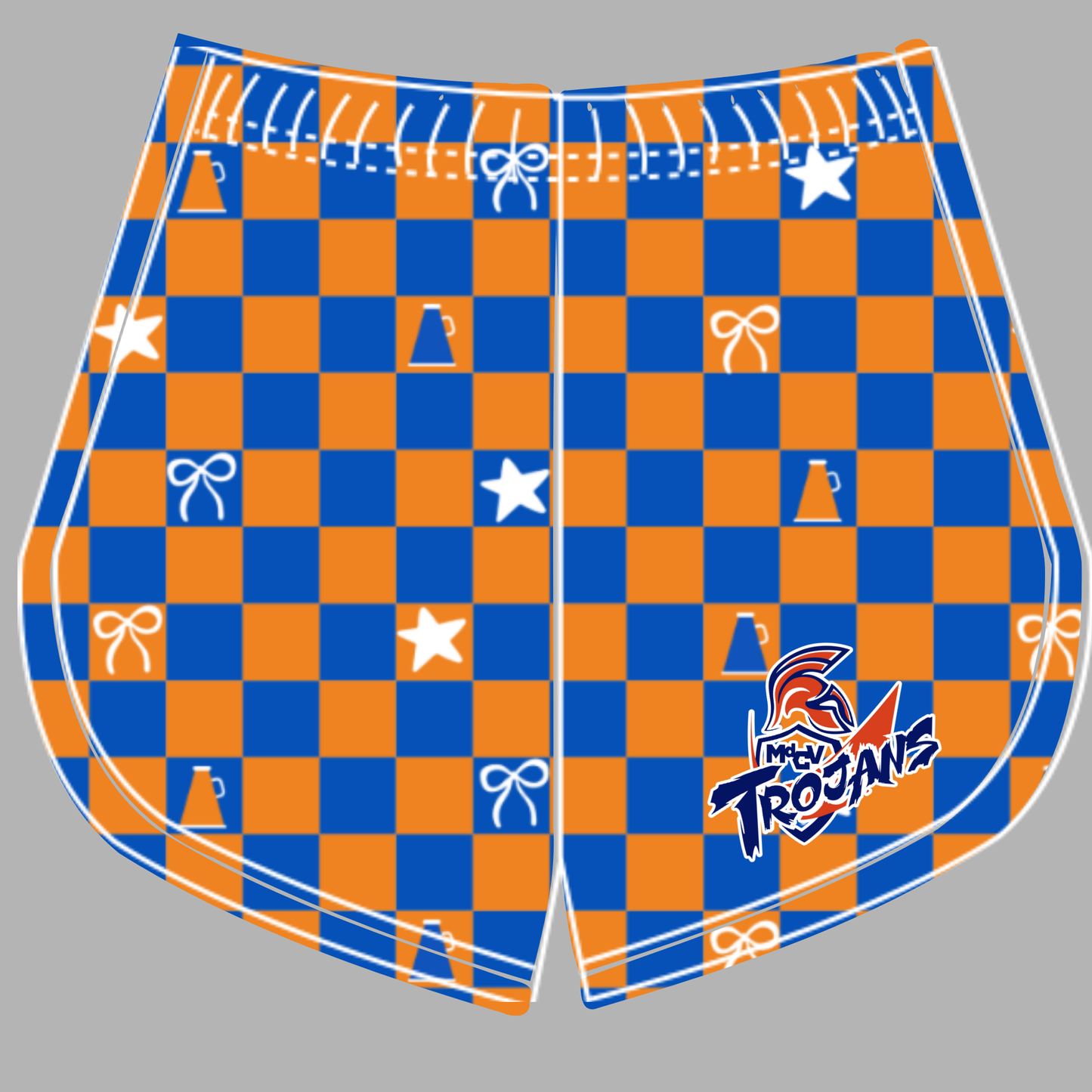 Preorder (moq 5)Baby Girls Orange Blue Checked MDCV Trojans Cheer Team Shorts Bottoms