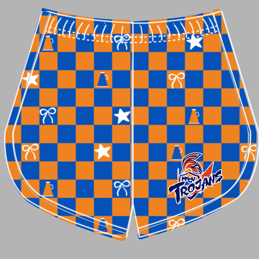 Preorder (moq 5)Baby Girls Orange Blue Checked MDCV Trojans Cheer Team Shorts Bottoms
