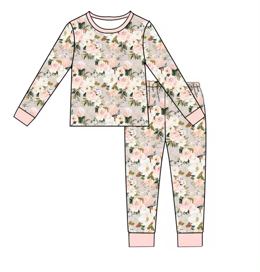 Baby Girls Pink Flowers Long Sleeve Shirt Pants Pajamas Clothes Sets Preorder(moq 5)