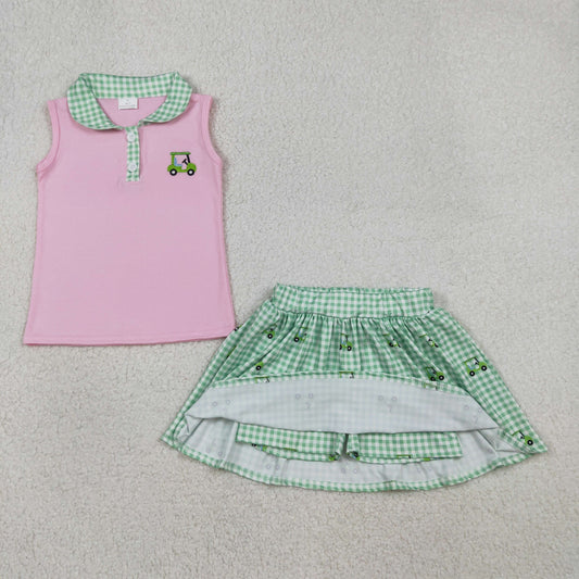 Embroidery Golf Trucks Baby Girls Button Top Checked Skirt Shorts Clothes Sets