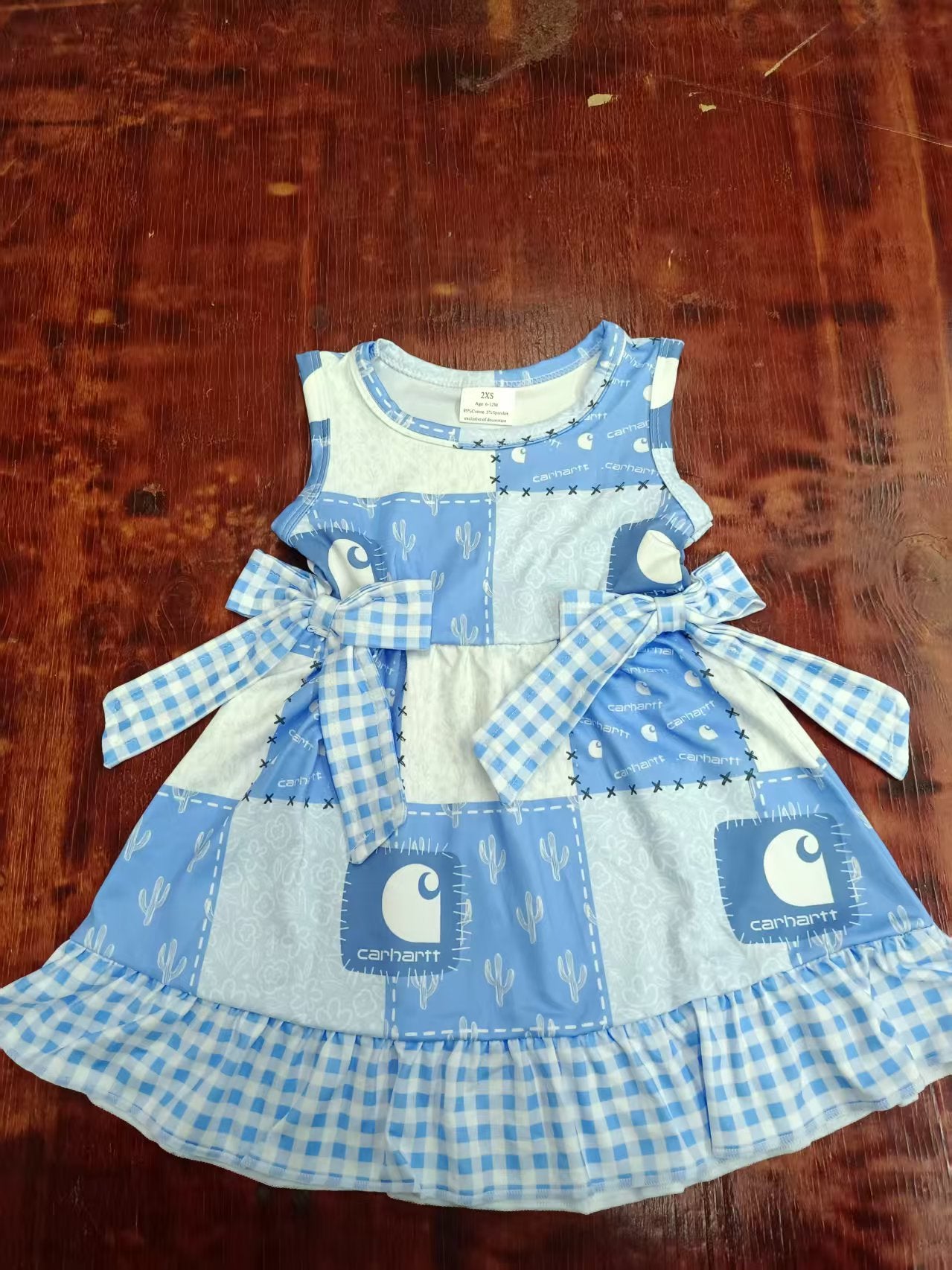 Preorder moq 5 Baby Girls Sleeveless Cactus Plaid Blue Plaid Bows Knee Length Dress