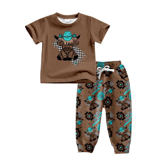 Baby Boys Western Highland Cow Brown Shirt Top Pants Clothes Sets Preorder(moq 5)