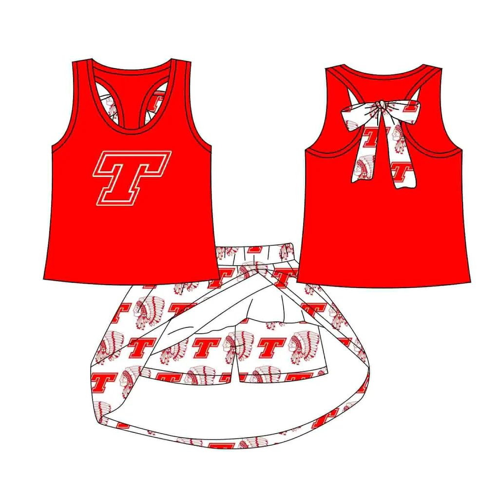 Preorder (moq 5)Baby Girls Red T India bow vest team Top Skirt Skort Sets