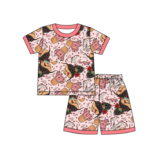 Baby Kids Western Pink Cactus Highland Cow Shirt Shorts Pajamas Clothes Sets preorder(moq 5)