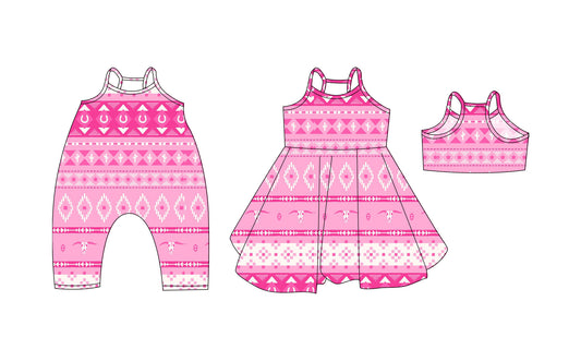 Preorder moq 5 Custom Baby Girls Pink Strap Aztec Bull Skull Knee Length Dresses Rompers