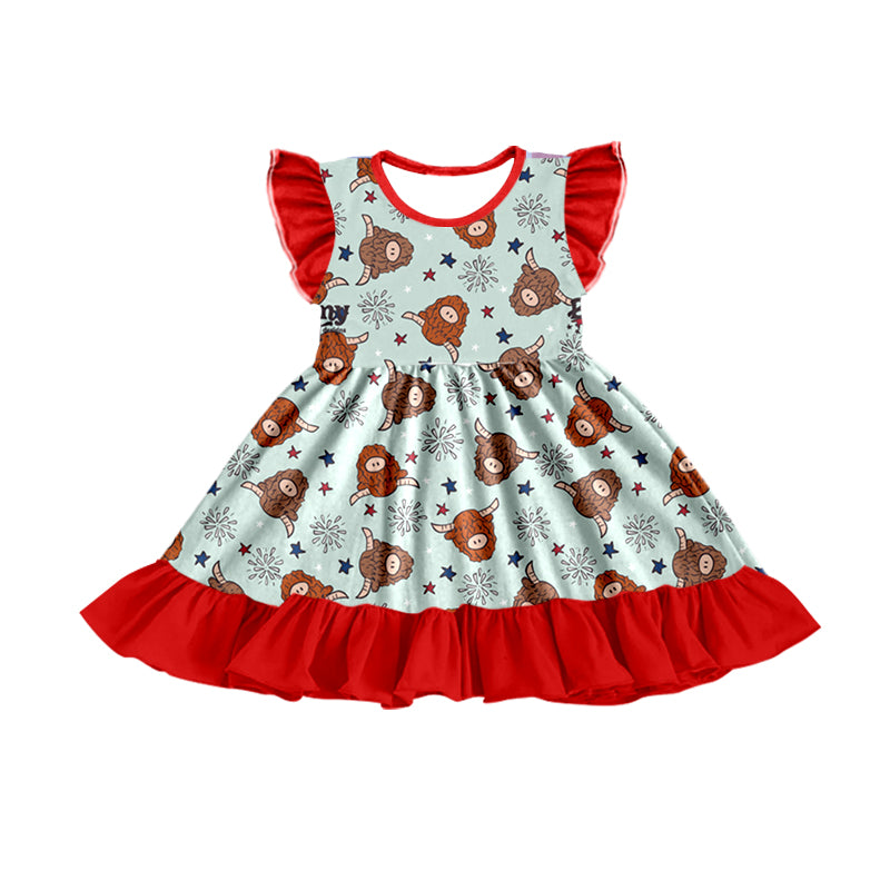 Baby Girls Red 4th Of July Flutter Sleeve Highland Cow Ruffle Knee Length Dresses preorder(moq 5)