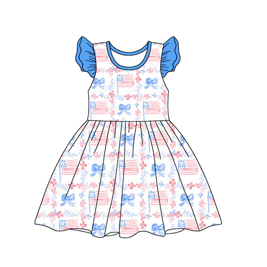 Preorder (moq 5)Baby Girls 4th Of July Flags Knee Length Dresses