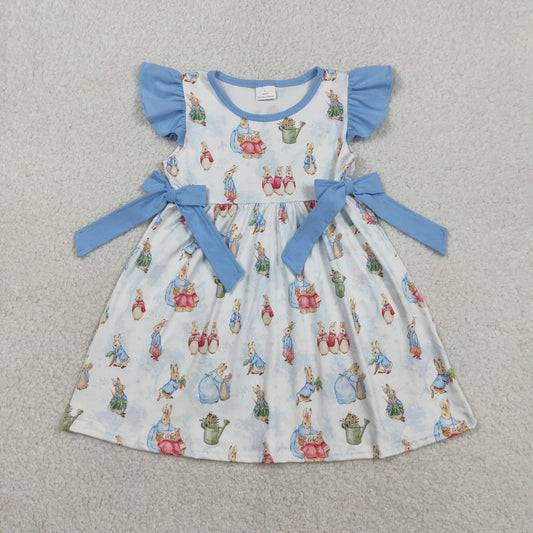 Baby Girls Flutter Sleeve Rabbits Bows Easter Knee Length Dresses