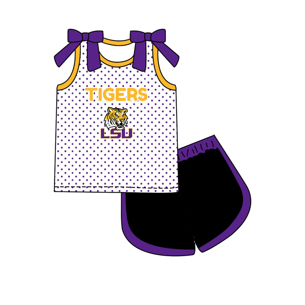 Preorder (moq 5)Baby Girls Bows LSU Tigers Polka Dots Top Short Team Clothes Set