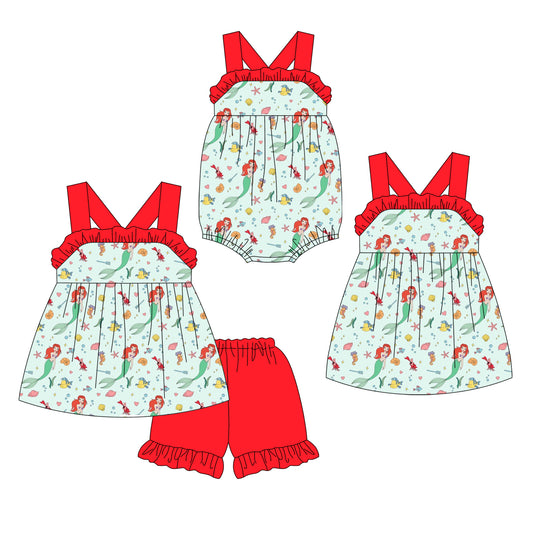 Preorder moq 5 Custom Baby Girls Red Strap Mermaid Fishes Tunic Ruffle Short Sets Knee Length Dress Rompers