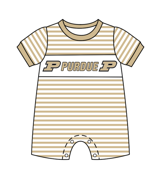 Custom moq 5 Football Team Purdue Khaki Striped Short Sleeve Boys Romper