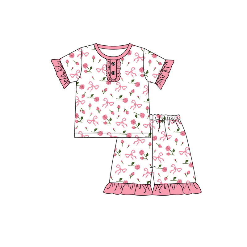 Preorder (moq 5)Baby Girls Bows Flowers Pink Tops Shorts Pajamas Clothes Sets