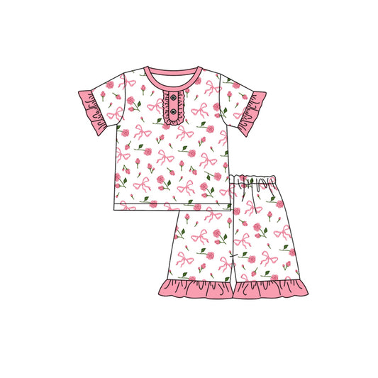 Preorder (moq 5)Baby Girls Bows Flowers Pink Tops Shorts Pajamas Clothes Sets