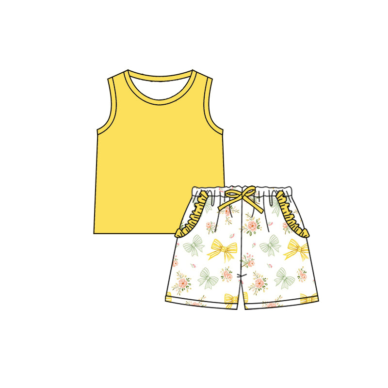 Preorder (moq 5)Baby Girls Yellow Sleeveless Shirt Bows Floral Ruffle Pockets Shorts Clothes Sets