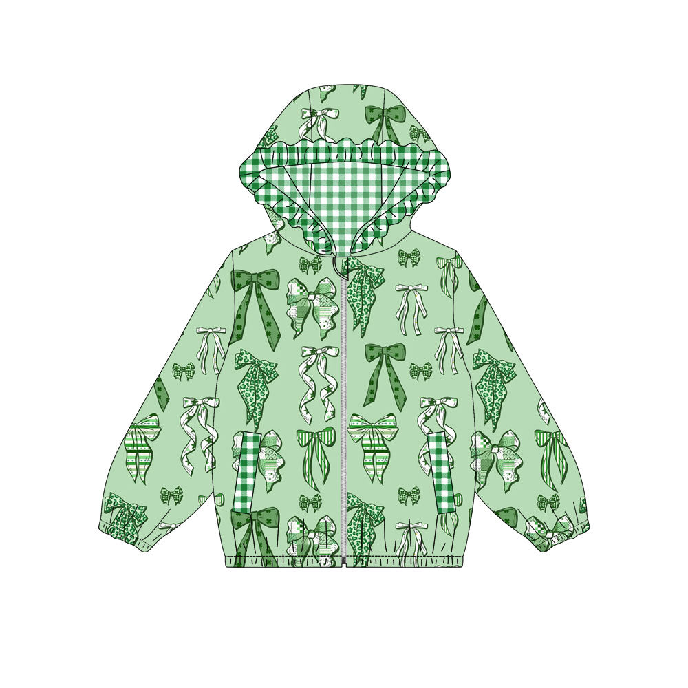 Preorder (moq 5)Baby Girls Green Bows Pocket Zipper St Patrick Ruffle Hoodies Jackets Top