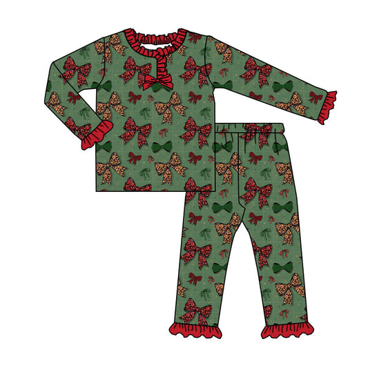 Preorder (moq 5)Baby Girls Green Red Bows Christmas Ruffle Pants Pajamas Sets