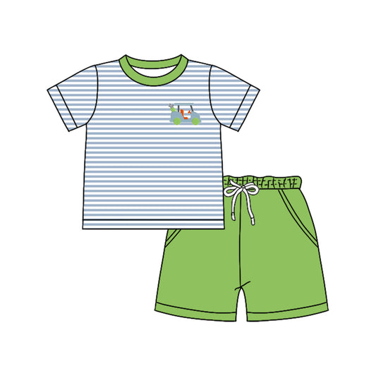 Preorder (moq 5)Baby Boys Short Sleeves Blue Stripe Golf Truck Top Pockets Aqua Short Set