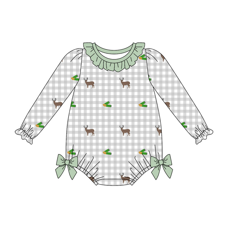 Preorder (moq 5)Baby Girls Long Sleeve Deer Hunting Checked Ruffle Rompers