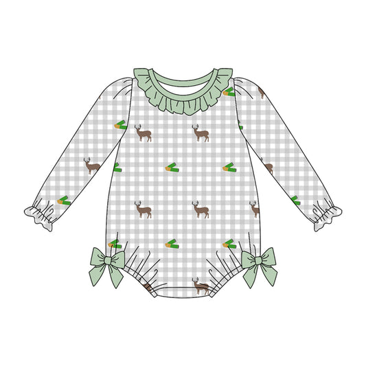 Preorder (moq 5)Baby Girls Long Sleeve Deer Hunting Checked Ruffle Rompers