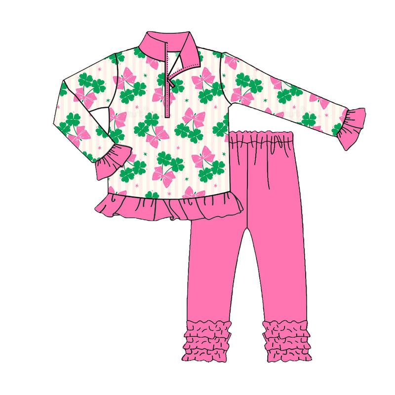 Preorder (moq 5)Baby Girls Clovers Butterfly Zipper Pullover Ruffle Leggings St Patrick Clothes Sets