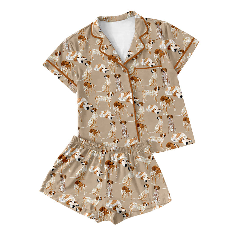 Preorder(moq 5)Adult Women Khaki Short Sleeves Button Pocket Dogs Top Short Pajamas Set