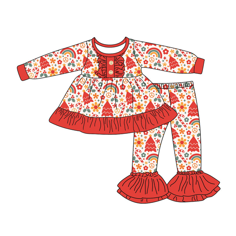 Preorder (moq 5)Baby Girls Long Sleeves Candy Cane Flowers Button Tunic Bell Bottom Pants Set