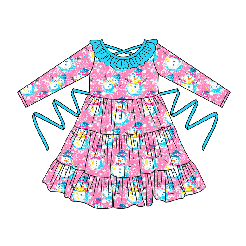 Preorder moq 5 Baby Girls Pink Long Sleeves Snowmen With Belt Ruffle Knee Length Dresses