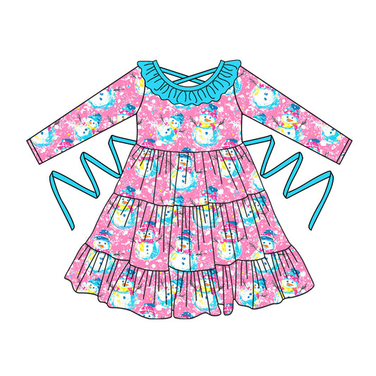 Preorder moq 5 Baby Girls Pink Long Sleeves Snowmen With Belt Ruffle Knee Length Dresses