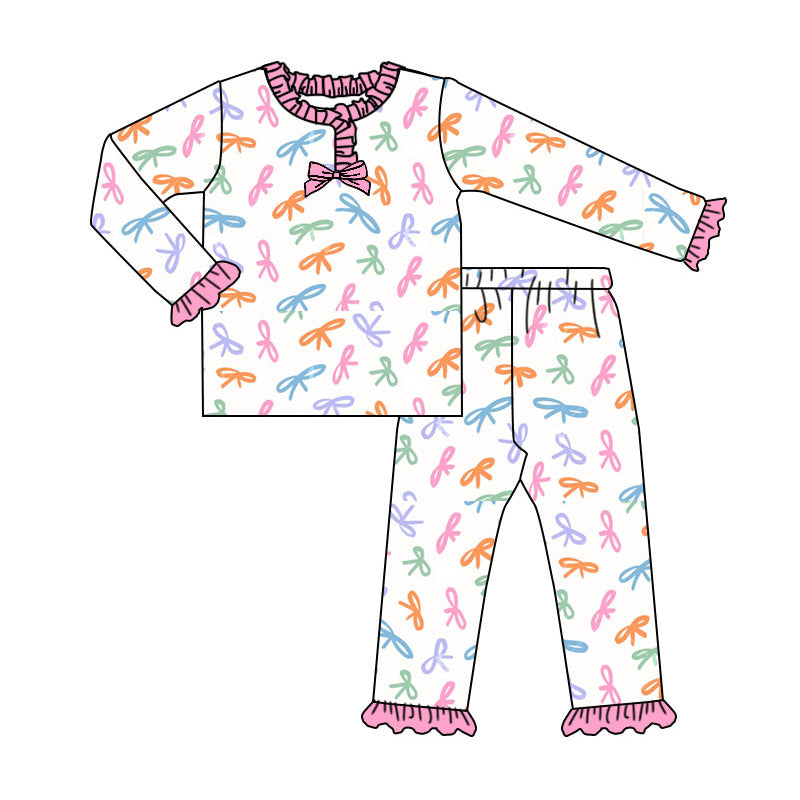 Preorder (moq 20)Baby Girls Bamboo Colorful Bows Ruffle Pajamas Sets