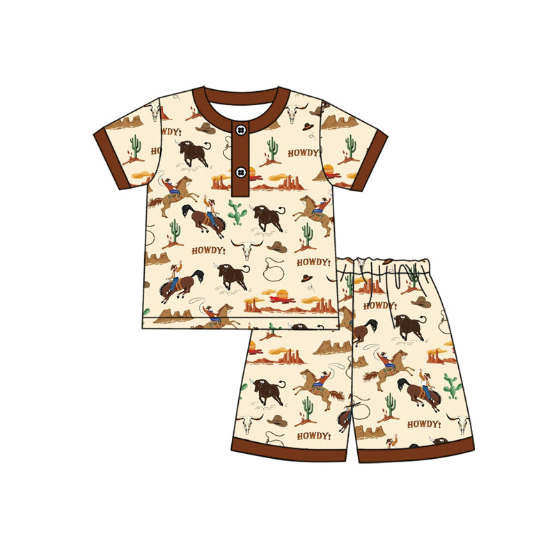 Preorder moq 5 Baby Boys Brown Short Sleeves Horse Rodeos Button Top Short Pajamas Set