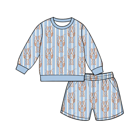 Preorder (moq 5) Baby Boy Clothes Blue Stripe Lobster Print Long Sleeve Top Short Pants Boutique Outfit Set