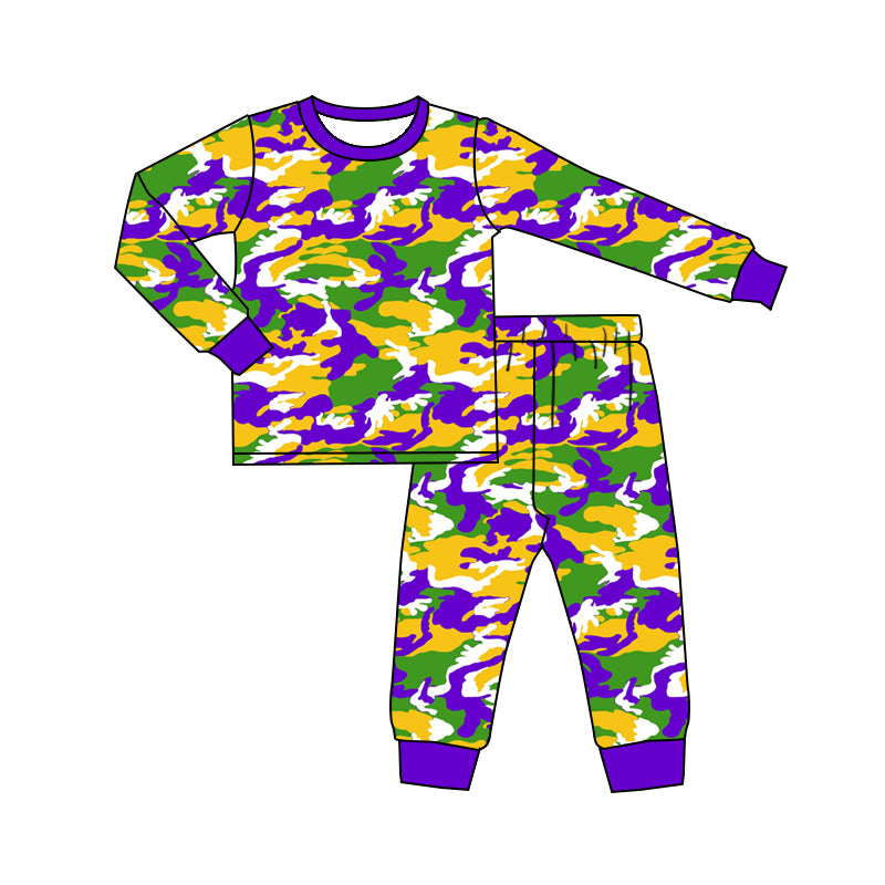 Preorder (moq5) Baby Boy Clothes Mardi Gras Purple Green Gold Camo Print Long Sleeve Pajama Pant Set