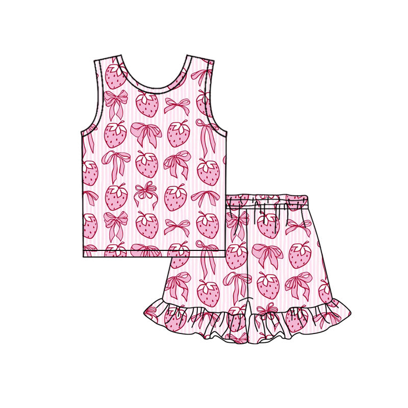 Preorder (moq 5)Baby Girls Pink Stripe Bows Strawberry Top Ruffle Shorts Clothes Sets