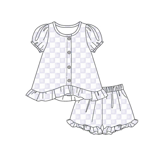 Preorder moq 5 Baby Girls Lavender Checked Button Tunic Ruffle Shorts Clothes Set