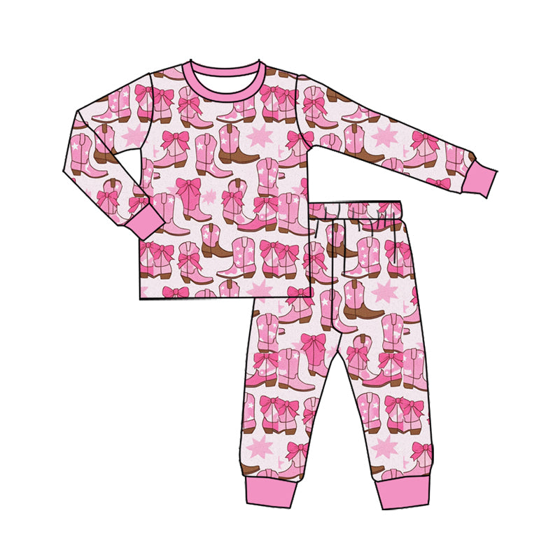 Preorder (moq 5)Baby Girls Star Bows Boots Top Pants Western Pajamas Sets