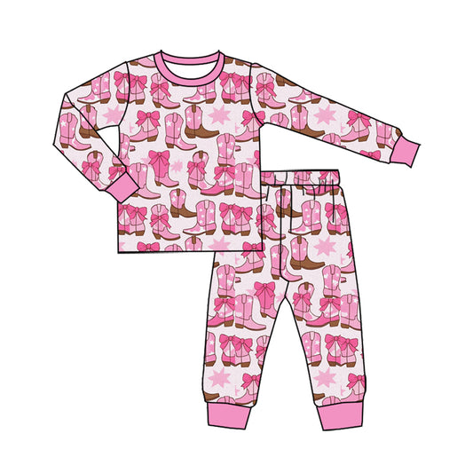 Preorder (moq 5)Baby Girls Star Bows Boots Top Pants Western Pajamas Sets