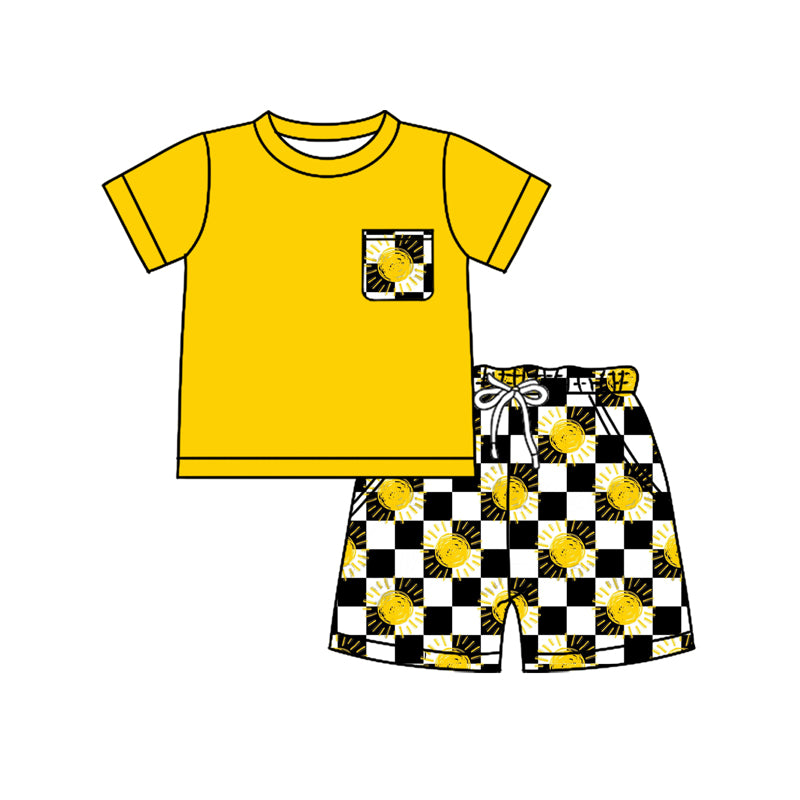 Preorder moq 5 Baby Boys Yellow Short Sleeves Pocket Top Black Plaid Suns Short Set
