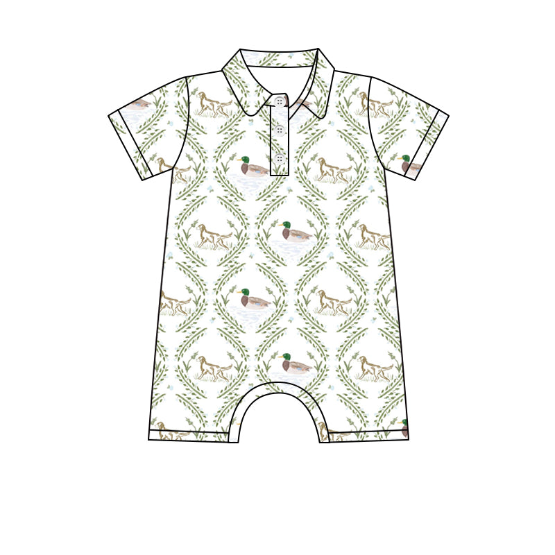 Preorder (moq 5)Baby Boys Short Sleeves Ducks Dogs Plaid Button Rompers