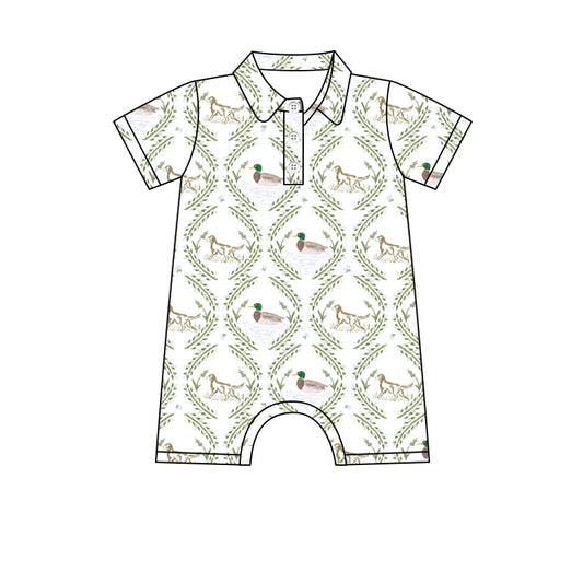 Preorder (moq 5)Baby Boys Short Sleeves Ducks Dogs Plaid Button Rompers